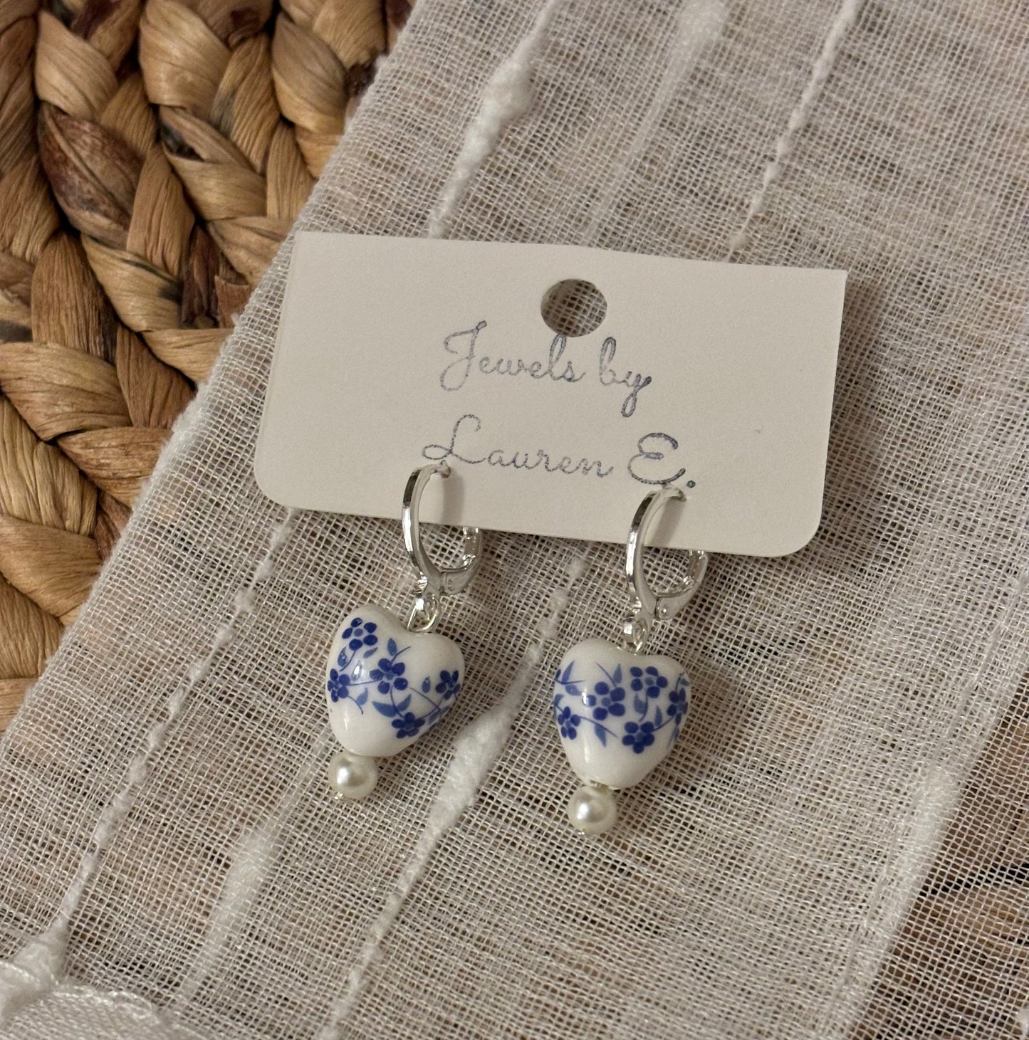 Blue Ceramic Floral Heart Huggie Hoops (Silver)