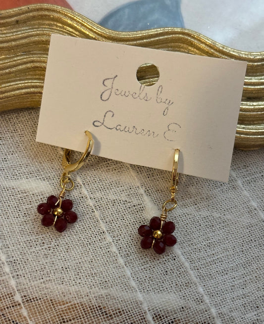 Maroon Flower Huggie Hoops