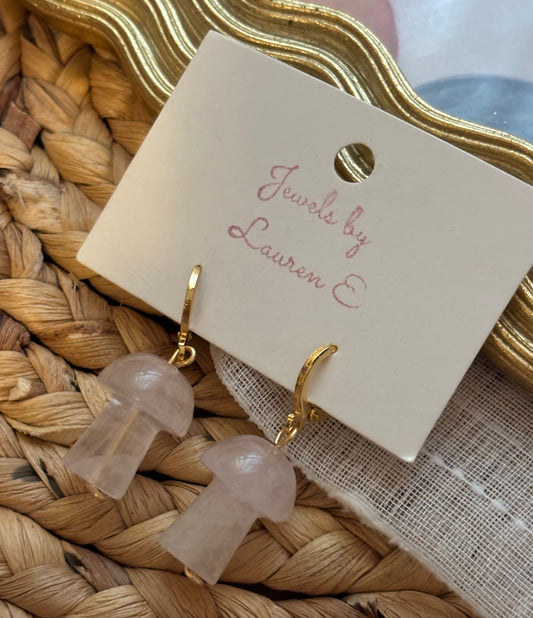 Rose Quartz Mushroom Huggie Hoops