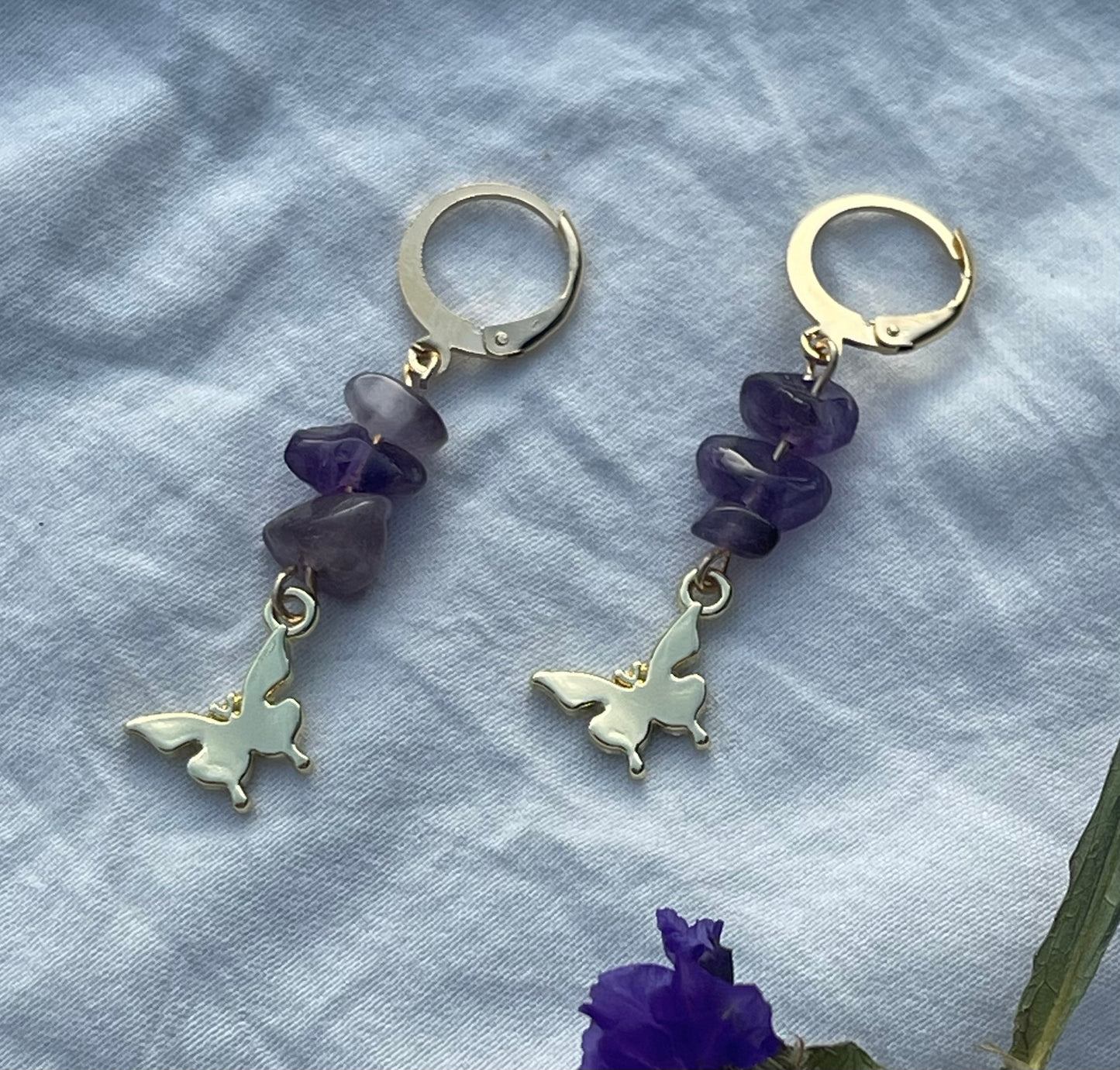 Amethyst Butterfly Huggie Hoops